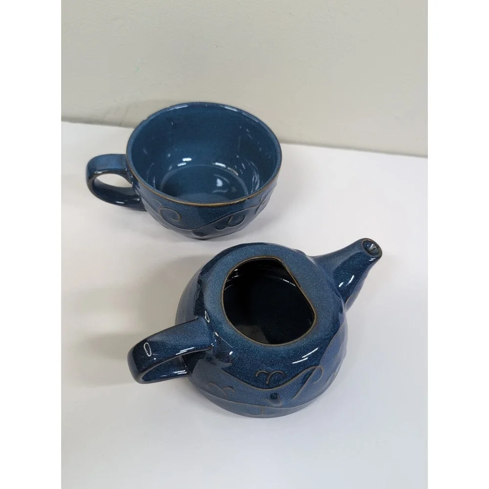 Pier 1 Teapot With Lid & Mug Stoneware Indigo Blue Embossed